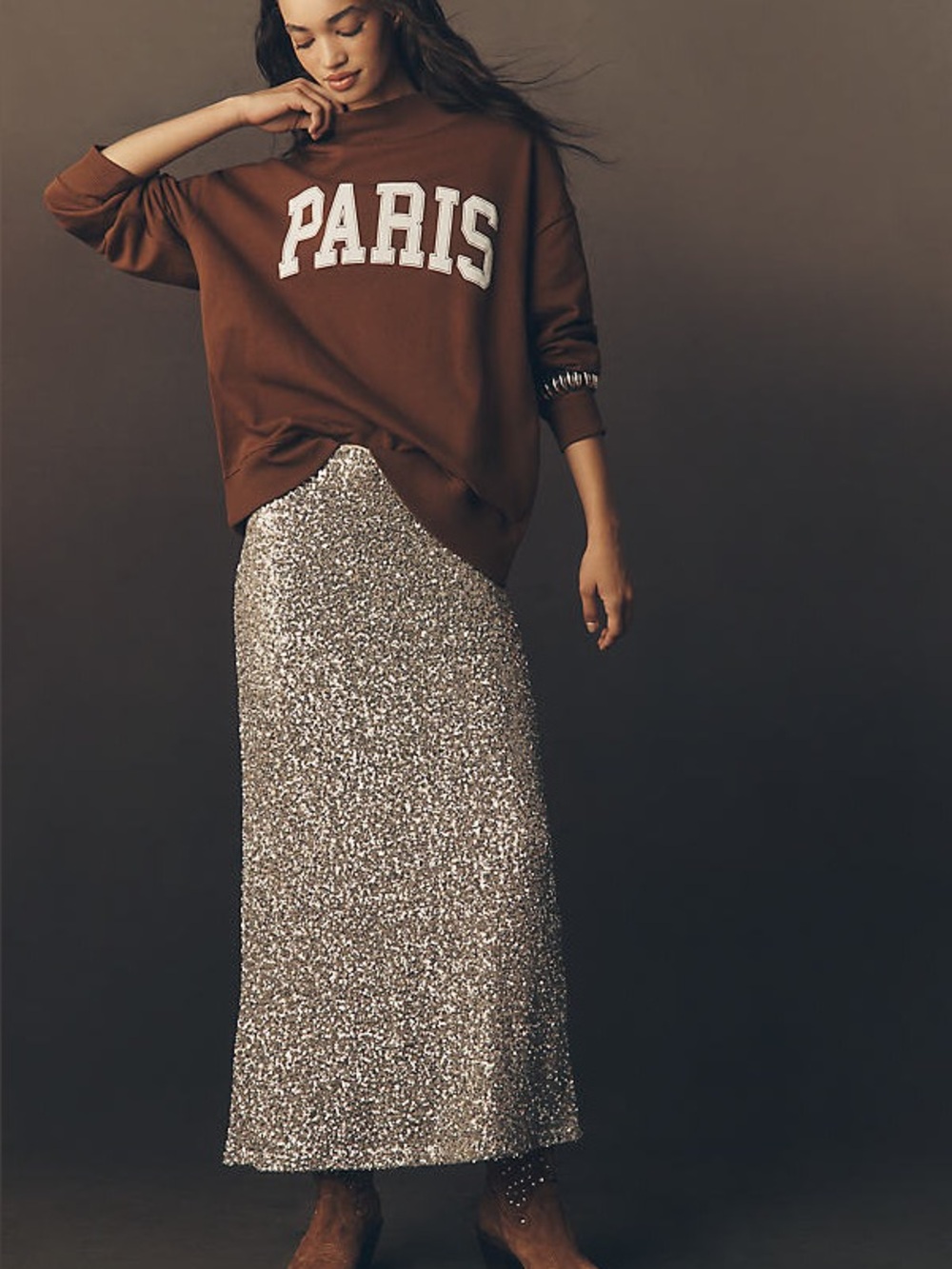 Anthropologie Mock-Neck City Paris Graphic Oversized Sweatshirt Navy Pullover
